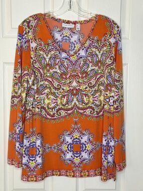 MINT Susan Graver orange paisley Boho Hippie Hippy design Shirt Top Womens LARGE